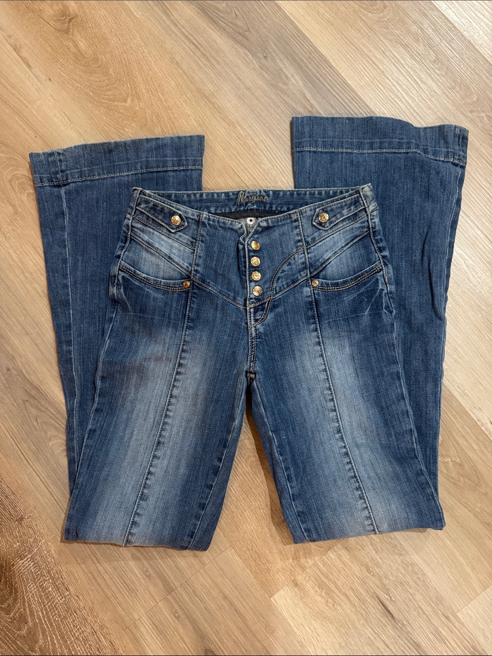 Marciano Dark Blue Boot-Cut Jeans with Button Fly Accent